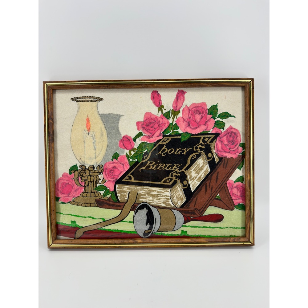 Vintage Religious Velvet Painting Framed Holy Bible Pink Roses Oil Lamp Art